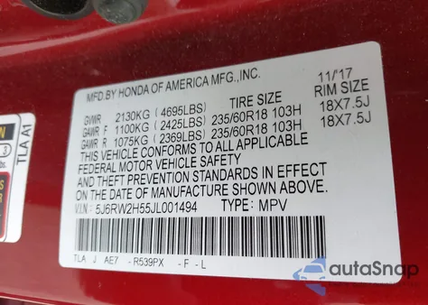 2018 Honda Cr-V Ex z USA, uszkodzony, nr VIN 5J6RW2H55JL001494